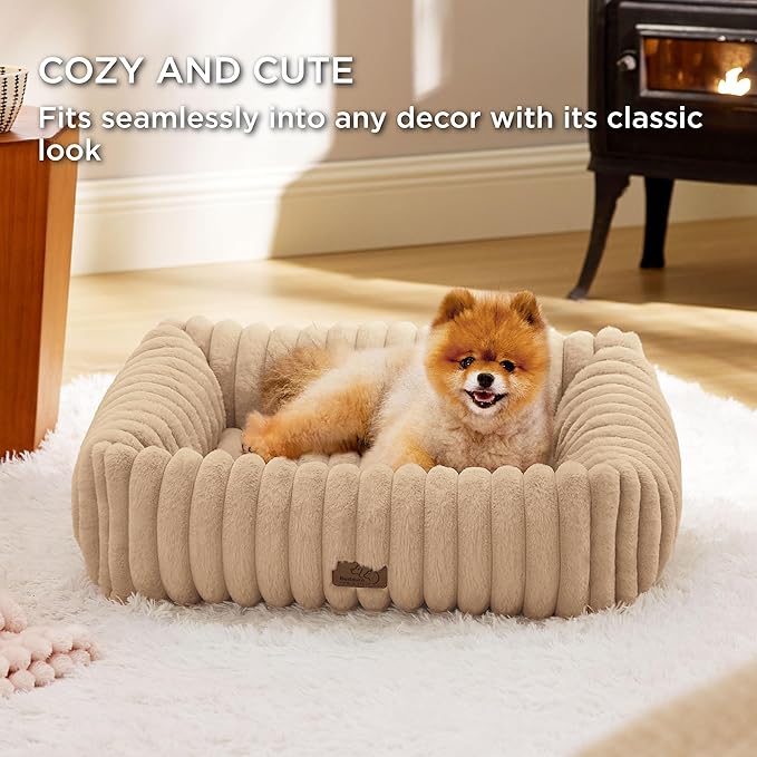 Bedsure ComfyFleece Washable Dog Bed for Medium Dogs - Cute Furry Puppy Beds, Rectangle Orthopedic Corduroy Fleece Pet Beds with Removable Zipper Cover, 30x24x8inches, Sandy Beige