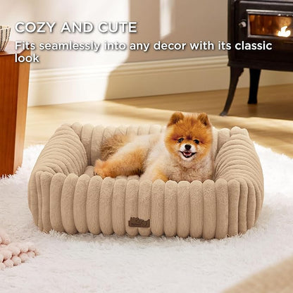 Bedsure ComfyFleece Washable Dog Bed for Medium Dogs - Cute Furry Puppy Beds, Rectangle Orthopedic Corduroy Fleece Pet Beds with Removable Zipper Cover, 30x24x8inches, Sandy Beige