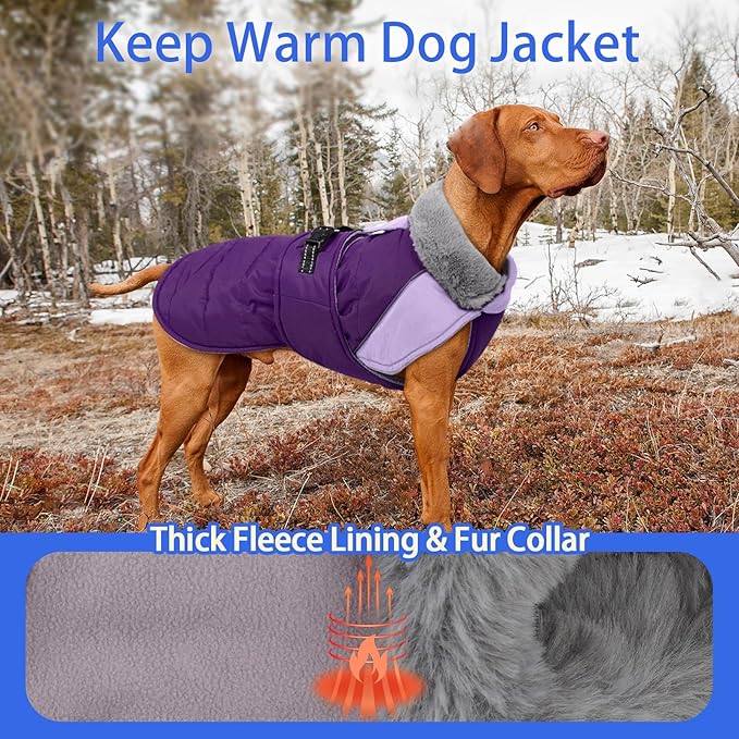 MIGOHI Thermal Large Dog Fleece Jacket - Rainproof Coat for Large Dogs, Thick Dog Winter Coat,Snow Jacket for Dogs Windproof for Hunting Camping,Windy Chilly Days,Doberman,Great Dane,3XL,Purple
