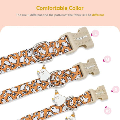 Faygarsle Halloween Ghost Pattern Dog Collar with Charm, Orange and White,for Small Medium Large Dogs M
