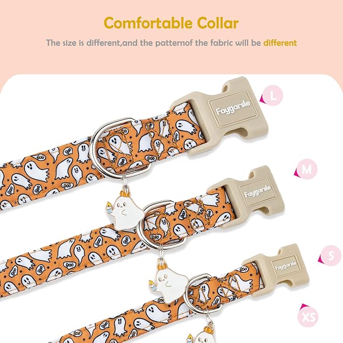 Faygarsle Halloween Ghost Pattern Dog Collar with Charm, Orange and White,for Small Medium Large Dogs S