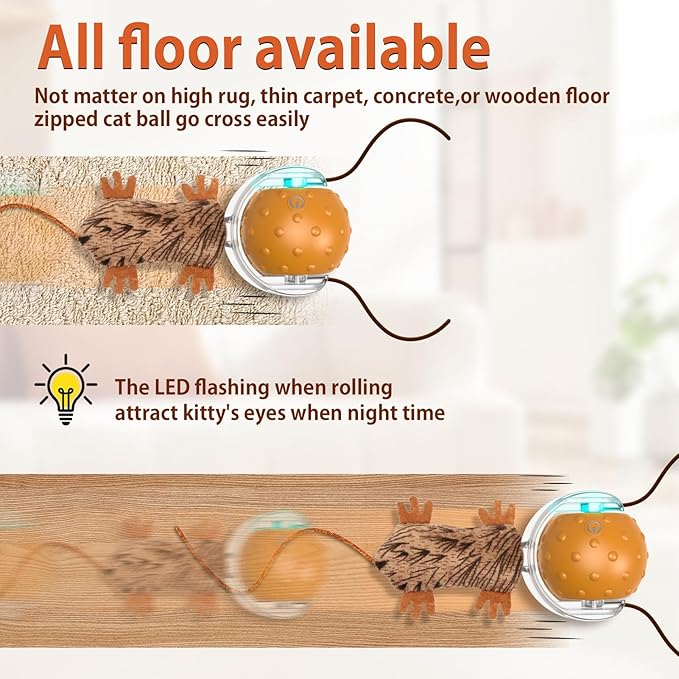 Oxawo Cat Toys Interactive Self Rolling Cat Balls with Mouse Tails Automatic Moving Fast on Carpet, Rechargeable & Motion Activated