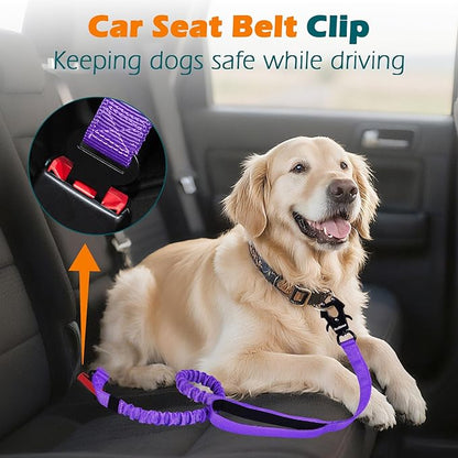 PetBonus Heavy Duty Tactical Dog Leash, 5 FT Bungee Shock Absorption Leash with 2 Padded Handles, Quick Release Metal Clip, Car Seatbelt, No Pull Training Lead for Large Medium Dogs（Purple）