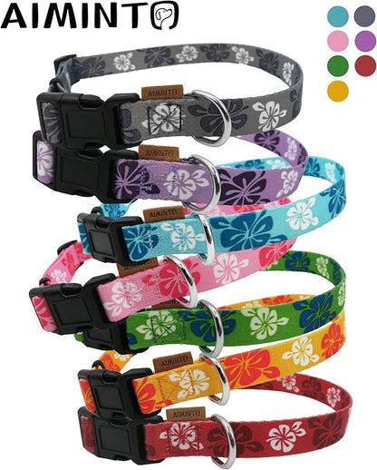 Dog Collar, Cute Floral Pattern, Soft and Adjustable Collar with Quick Release Buckle (XS (Neck 9-13", Width 3/8"), Hawaiian Grey)