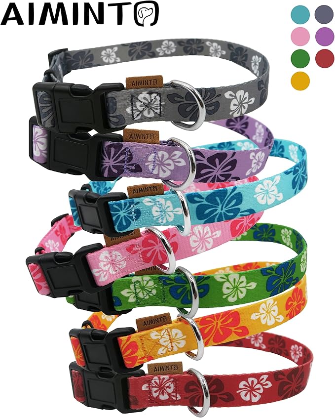 Dog Collar, Cute Floral Pattern, Soft and Adjustable Collar with Quick Release Buckle (XS (Neck 9-13", Width 3/8"), Hawaiian Purple)