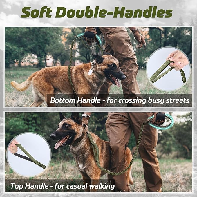 rabbitgoo Tactical Bungee Dog Leash with Shock Absorption, Military Training Leash with 2 Padded Control Handles for Medium Large Dogs, 5.2FT, Green