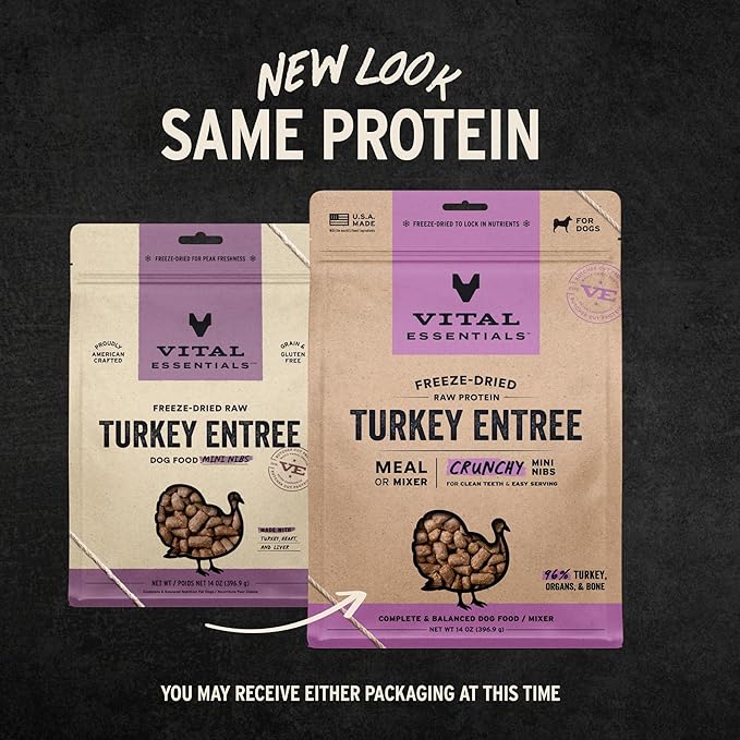 Vital Essentials Freeze-Dried Raw Dog Food, Turkey Crunchy Mini Nibs | Complete Meal or Mixer | High Protein Dog Food | 14 oz