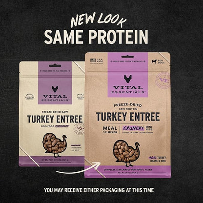 Vital Essentials Freeze-Dried Raw Dog Food, Turkey Crunchy Mini Nibs | Complete Meal or Mixer | High Protein Dog Food | 14 oz