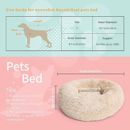 Calming Donut Dogs Beds for Small Dogs Washable,19inch Fluffy Round Puppy Bed for Puppies,Cats & Toy Breeds with Raised Rim,Fits up to 15 lbs Pets,Beige