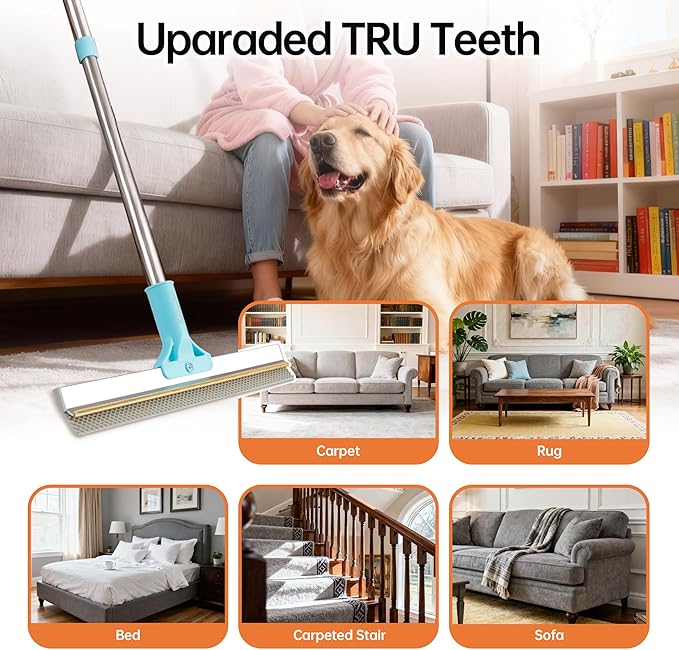 Carpet Rake for Pet Hair Removal Tool, 2 in 1 TPU and Copper Rake Teeth Uproot Clean Hair Remover with 63’’ Adjustable Long Handle, Reusable Cat & Dog Fur Broom for Carpets,Rugs, Mats