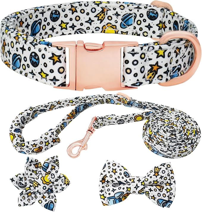Dog Collar and Leash Set Girls Adjustable Puppy Collars with Floral Bow Tie for Small Medium Large Female Dogs, Solar System, S