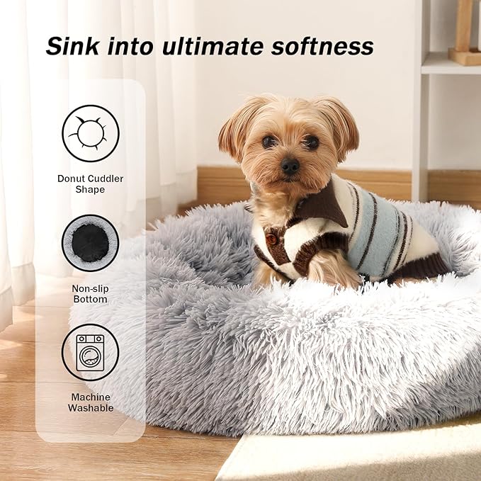 NOYAL Calming Donut Dog Bed for Small to Medium Dogs & Cats - Plush Faux Fur Anti-Anxiety Pet Bed with Machine Washable Cover & Non-Slip Base