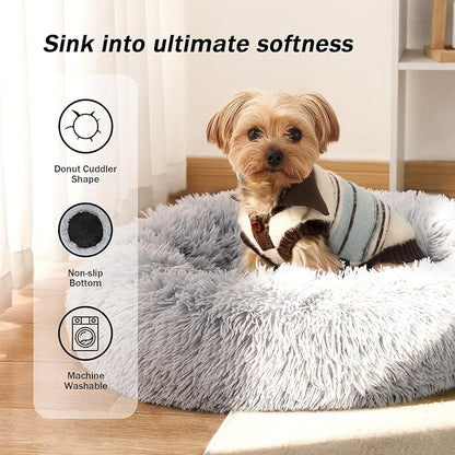 NOYAL Calming Donut Dog Bed for Small to Medium Dogs & Cats - Plush Faux Fur Anti-Anxiety Pet Bed with Machine Washable Cover & Non-Slip Base
