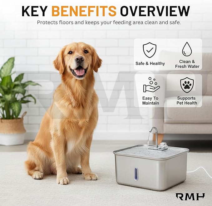 7L (28-Cup) Stainless Steel Dog & Cat Water Fountain with Large Waterproof Mat – Extra Large Automatic Pet Drinking Fountain for Large Dogs & Multi-Pet Homes – Ultra Quiet, 3-Stage Filter, LED Window
