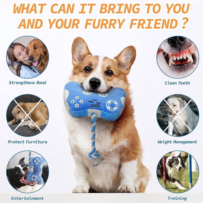 MTERSN Cute Squeaky Dog Toys : Blue Game Controller Plush Dog Toy and Funny Puppy Chew Toys with Full Crinkle Paper - Cool Pet Birthday Toys for Small, Medium and Large Dogs