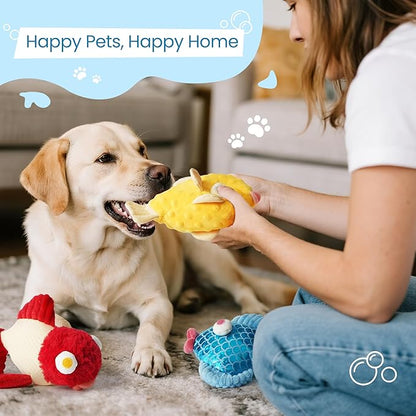 Nocciola Tough Dog Toys, Squeaky Dog Toys to Keep Dogs Busy with Two Resistant Layer & Crinkle Sound, Googly Eyed Fish Gang Puppy Teething Toys for Small, Medium, Large Breeds