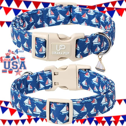 UP URARA PUP USA Flag Dog Collar, 4th of July Comfortable Cotton Dog Collars, American Flag Collar for Medium Girl Boy Dogs, Patriotic Collars with Sailboats Pattern