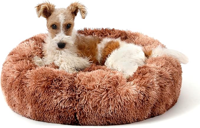NOYAL Calming Donut Dog Bed for Small to Medium Dogs & Cats - Plush Faux Fur Anti-Anxiety Pet Bed with Machine Washable Cover & Non-Slip Base