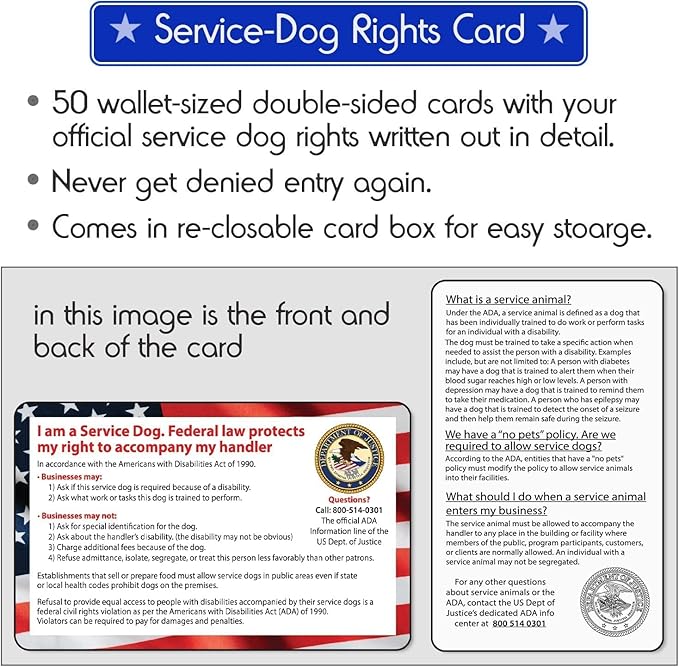 Service Dog Vest + ID Tag + 50 ADA Information Cards - Service Dog Harness in Sizes X Small to XX Large, Metal Dog Tag has Durable Clip, Service Animal Information Cards are 2-Sided. ESA Accessory Set