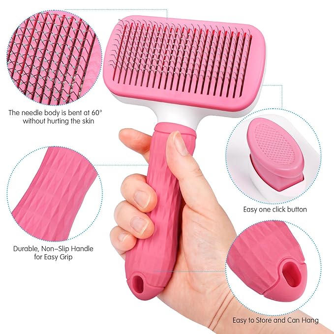 PWOD Dog & Cat Brush Kit 2PCS, Self Cleaning Slicker Brush for Pets, Dog Brush for Shedding Massaging and Grooming, Removes Loose Undercoat & Portable Comb for Long Short Haired Dogs(Pink)