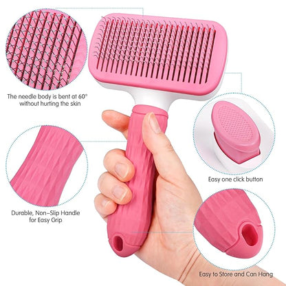 PWOD Dog & Cat Brush Kit 2PCS, Self Cleaning Slicker Brush for Pets, Dog Brush for Shedding Massaging and Grooming, Removes Loose Undercoat & Portable Comb for Long Short Haired Dogs(Pink)
