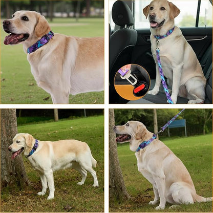 Annchwool Adjustable Dog Collar and 5 FT Leash Set with Heavy Duty Metal Buckle–Comfortable Lining Collar & Dual-Handles for Medium Large Dogs Walking, Running,Car Travel (Camo Purple Set,M:16''-21'')