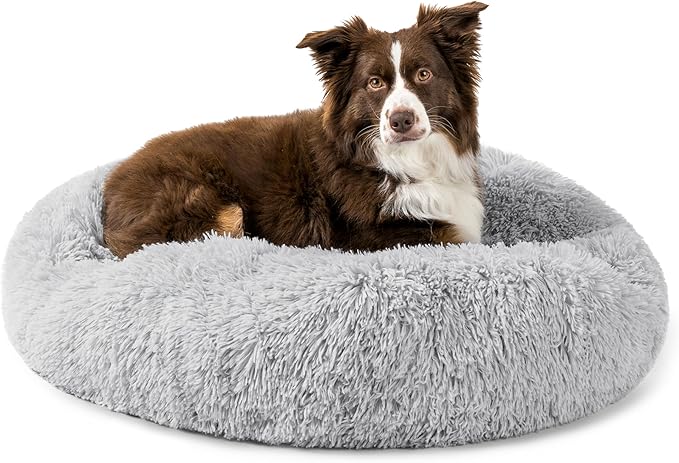 PetAmi Calming Dog Bed for Small & Medium Dogs and Cats, 30” Round Donut Dog Bed, Washable Fluffy Faux Fur Puppy & Cat Bed, Anti-Anxiety Plush Cuddler Pet Bed with Anti-Slip Bottom - Light Gray