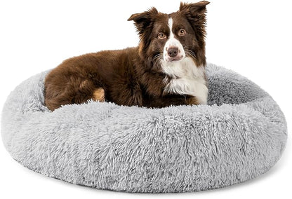 PetAmi Calming Dog Bed for Small & Medium Dogs and Cats, 30” Round Donut Dog Bed, Washable Fluffy Faux Fur Puppy & Cat Bed, Anti-Anxiety Plush Cuddler Pet Bed with Anti-Slip Bottom - Light Gray