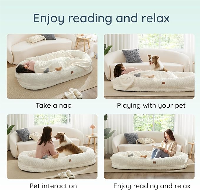 Human Dog Bed for Adult - Luxury Faux Fur Giant Size Dog Bed with Portable Handle, Egg Orthopedic Foam Bed with Blanket, 72"x40"x10", Ivory White