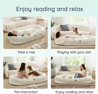 Human Dog Bed for Adult - Luxury Faux Fur Giant Size Dog Bed with Portable Handle, Egg Orthopedic Foam Bed with Blanket, 72"x40"x10", Ivory White