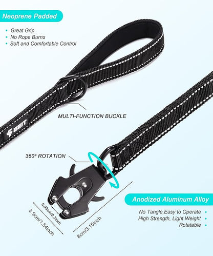 GEIT 4/5/6FT Heavy Duty Dog Leash with 2 Comfortable Padded Handles, Reflective Rope Leashes with Quick Release/Locking Tactical Frog Clip for Small Medium and Large Dogs, Black