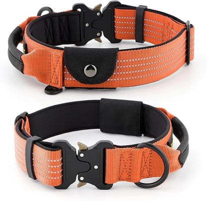 Plutus Pet Tactical Dog Collar with Tracker Pocket for AirTag, Adjustable Reflective Nylon Collar, Metal Buckle, Leather-Wrapped Handle, Soft Padded for Medium Large Dogs (Orange, M)