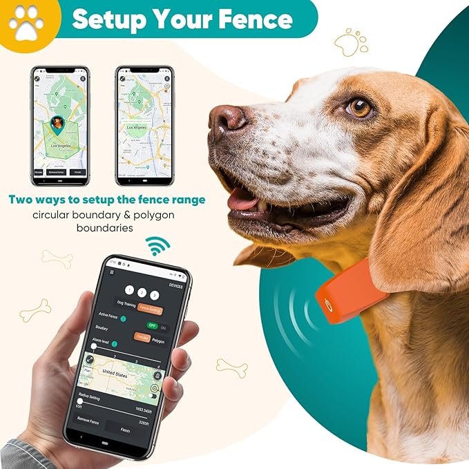 GPS Wireless Dog Fence with Free App, Electric Fence System with Training Collar, Portable Fence for Outdoor Use, Rechargeable Waterproof Flexiable Collar, Adjustable for Large Medium Dogs (Orange)