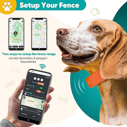 GPS Wireless Dog Fence with Free App, Electric Fence System with Training Collar, Portable Fence for Outdoor Use, Rechargeable Waterproof Flexiable Collar, Adjustable for Large Medium Dogs (Orange)