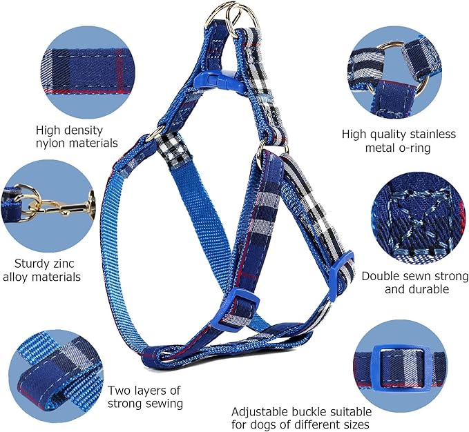 NISIYE Cute Plaid Dog Collar Harness and Leash with Safety Buckle - Adjustable and No Pull Comfortable Dog Collars for Small Puppy, Stylish Durable Gift for Boy Girl Pets