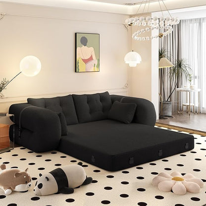 KEIKI 78.7" Foldable 3-in-1 Multi-Functional Sleeper Sofa Bed, Convertible Foam-Filled Floor Couch for Adults, Human-Sized Dog Bed, Teddy Fabric, Black