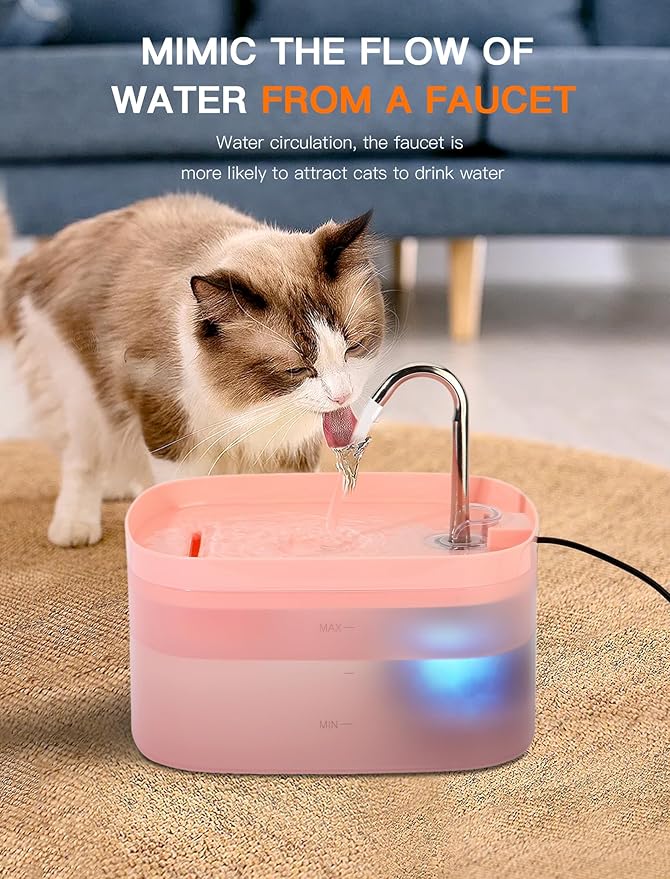Cat Water Fountain, 84OZ/2.5L Cat Fountain, Super Silent Pet Water Fountain, Activated Carbon Filter, Translucent Pet Water Dispenser Suitable for Multiple Pets Family (Pink)