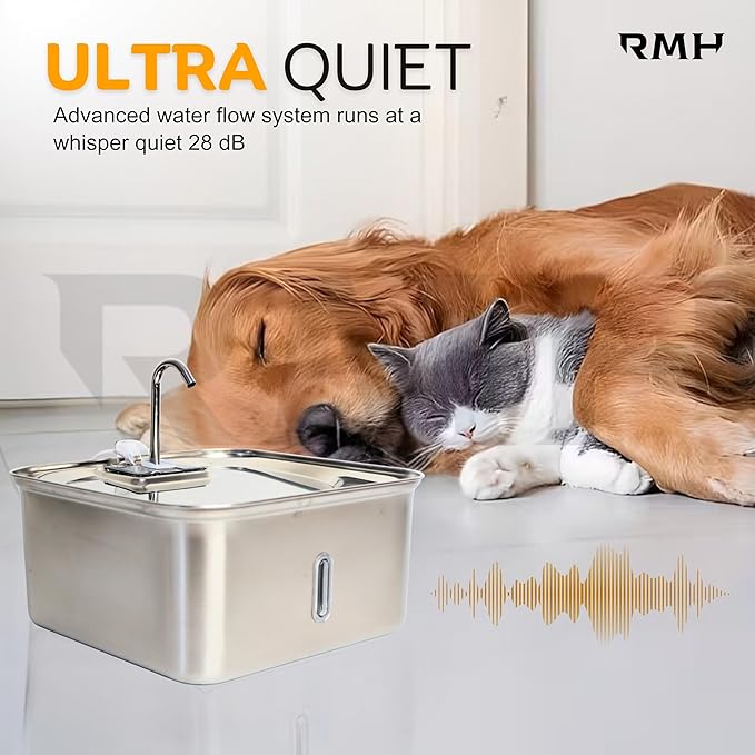 7L (28-Cup) Stainless Steel Dog & Cat Water Fountain with Large Waterproof Mat – Extra Large Automatic Pet Drinking Fountain for Large Dogs & Multi-Pet Homes – Ultra Quiet, 3-Stage Filter, LED Window
