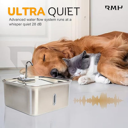 7L (28-Cup) Stainless Steel Dog & Cat Water Fountain with Large Waterproof Mat – Extra Large Automatic Pet Drinking Fountain for Large Dogs & Multi-Pet Homes – Ultra Quiet, 3-Stage Filter, LED Window