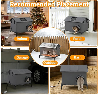 Large Heated Cat House for Outside, Weatherproof Insulated Indoor Extra Large Multi-Cat House with Adjustable Heating Pad, Escape Door & Elevated Base, Warm Shelter for Feral Stray Barn Cats