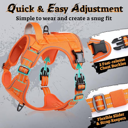 rabbitgoo Dog Harness Medium Sized No Pull, Tactical Service Pet Vest with Molle and Control Handle, Adjustable and Reflective Military Harness for Easy Walking and Training, Orange, M
