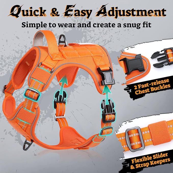 rabbitgoo Dog Harness Small Sized No Pull, Tactical Service Pet Vest with Molle and Control Handle, Adjustable and Reflective Military Harness for Easy Walking and Training, Orange, S