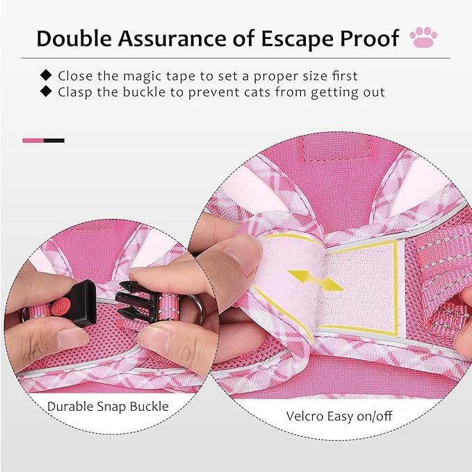 Zelvian Cat Harness and Leash Set for Walking, Escape Proof Adjustable Soft Mesh Kitten Harness with Reflective Strips, Breathable No-Choke Pet Vest for Large Cats or Small Dogs(Pink,L)