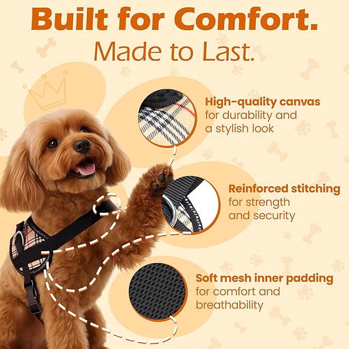Bark Appeal Tan Plaid No-Pull Dog Harness for Small to Medium Sized Pets – Adjustable, Reflective Vest with 3 Leash Clips for Added Control, Easy Walks & Training – Medium