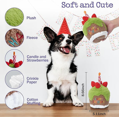 Fuzzwoof Dog Happy Birthday Cake Singing Toy with Crinkle, Stuffed Plush Puppy Present for Birthday Party, Dog Toy for Small Medium Large