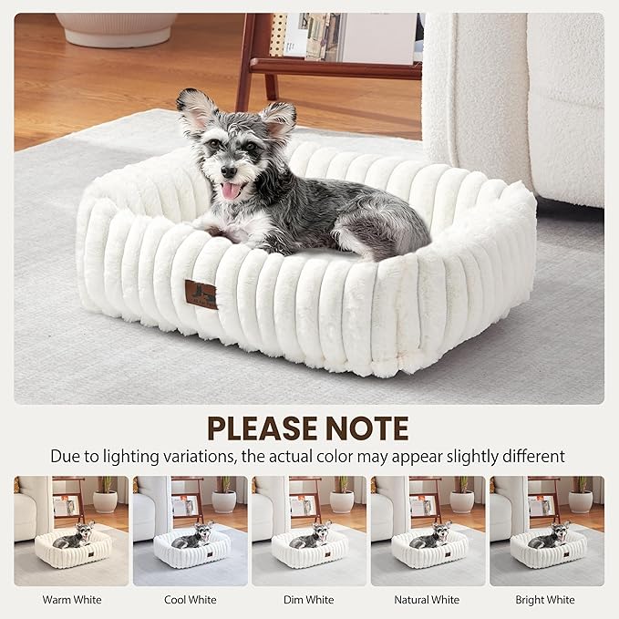 Warmrest Washable Dog Bed for Small Medium Dogs - Rectangle Orthopedic Corduroy Fleece Pet Bed with Removable Cover and Nonskid Bottom, Calming Puppy Bed Soft Pet Sofa, Cream(20x19x6inchs)