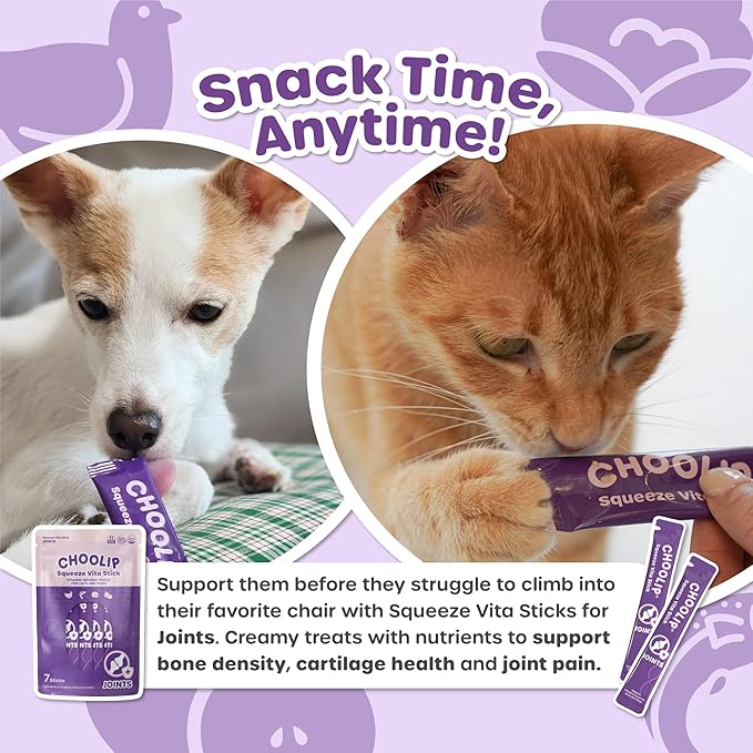 Choolip Squeeze Vita Stick Lickable Cat and Dog Treats, 7-Count Joint Support, Chicken and Salmon with MSM, Green-Lipped Mussel and Vitamin E, Vet-Formulated