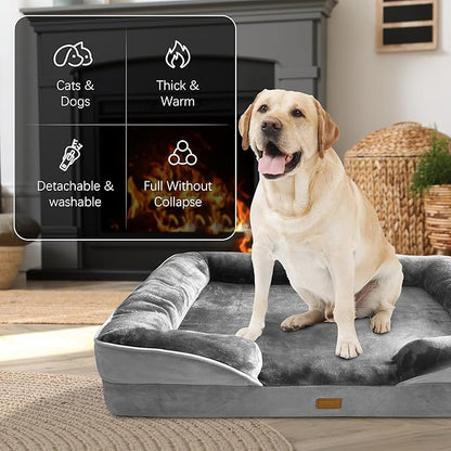Spotted Play Orthopedic Dog Bed with Sides - Dog Sofa Beds for Extra Large Dogs, Supportive Foam Pet Couch Bed with Washable Removable Cover, Waterproof Lining and Non-Slip Bottom, Grey - XL-Plus