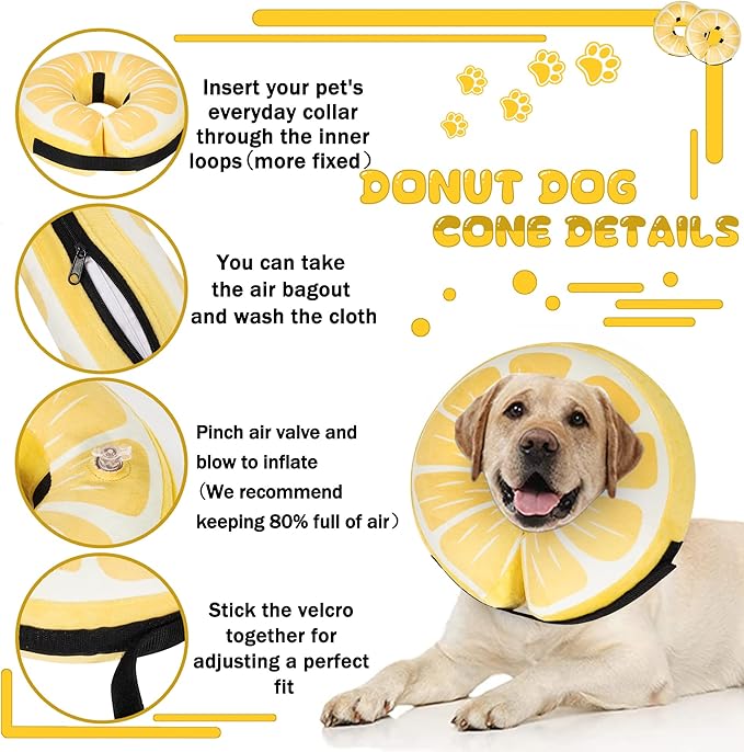 Inflatable Dog Cone Collar for Large Medium Small Dogs, Soft Adjustable Recovery Cone for Dogs Cats,Dog Neck Donut Alternative After Surgery(Lemon,Medium+