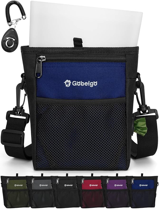 Gobeigo Dog Treat Pouch with Silicone Snack Bag, Front Pocket fits All Phones, 4 Cup Treat Bag with Training Clicker, Upgrade Stronger Magnetic Closure, 3 Ways to Wear Walking Fanny Pack (Navy Blue)